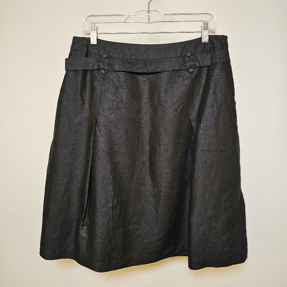 Mandarin Blue black pleated linen lined a-line midi skirt womens size 12 US